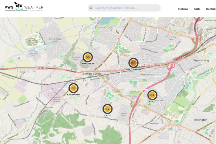 Estaciones meteorológicas en el mapa alrededor de Sinking Spring, PA.